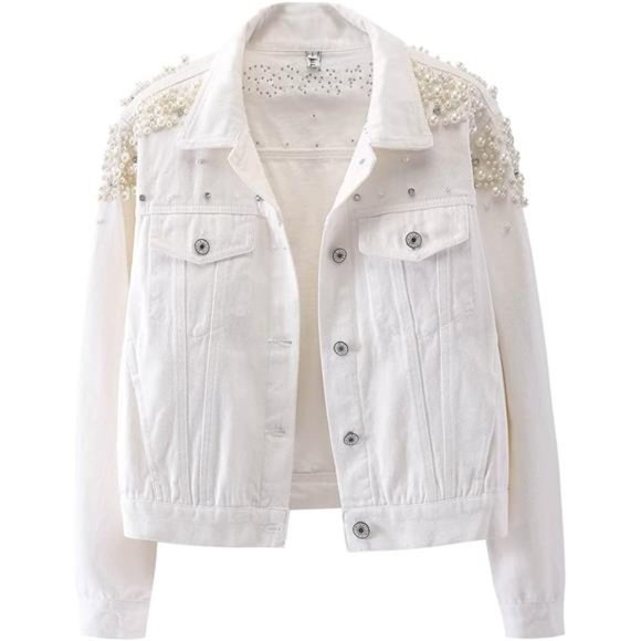 Women's Embroidered Rivet Pearl Short Denim Jacket Coat White - Picture 1 of 6